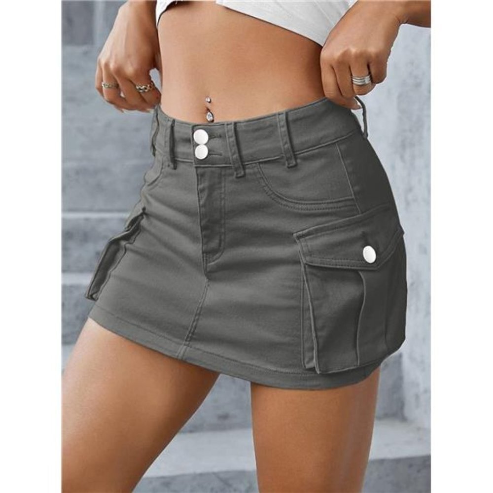 Y2K Gray Khaki Cargo Denim Mini Skirt Low Waist Extra Short Bodycon‎ Skirt